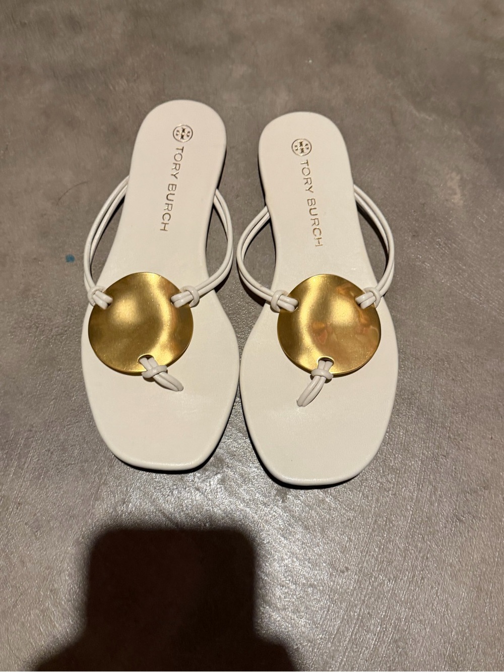 Tory Burch Patos White Leather Sandals with Gold Disc